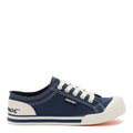 Side view of the Rocket Dog Jazzin navy canvas trainer, navy canvas upper and white toe cap