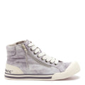 Side view of the Rocket Dog Jazzin grey tie-dye high top trainer, grey tie-dye canvas and white toe cap