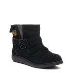 Mint Black Snow Boot black ankle boot, three-quarter front view with ruched front, wraparound straps and buckle