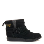 Mint Black Snow Boot black ankle boot, side view with wraparound straps, buckle and Rocket Dog badge