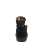 Mint Black Snow Boot black ankle boot, rear view showing heel seam, ankle strap and checked lining