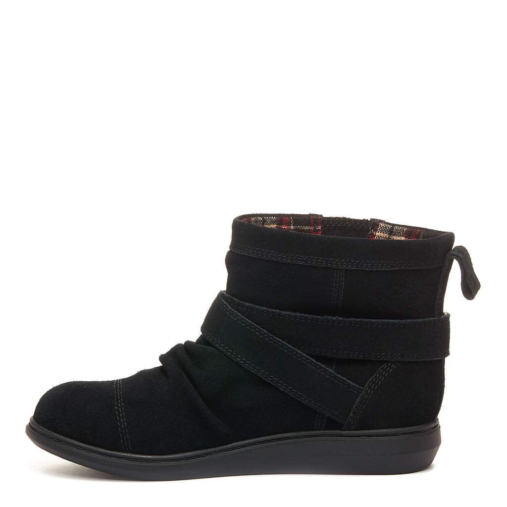 Mint Black Snow Boot black ankle boot, opposite side view showing layered wraparound straps and checked lining