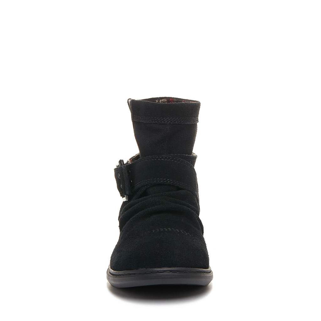 Mint Black Snow Boot black ankle boot, front view showing ruched detailing and rounded toe