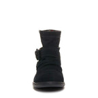 Mint Black Snow Boot black ankle boot, front view showing ruched detailing and rounded toe
