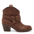 Side view of the Rocket Dog Satire dark brown western ankle boot, slouched shaft, buckle strap and stacked heel
