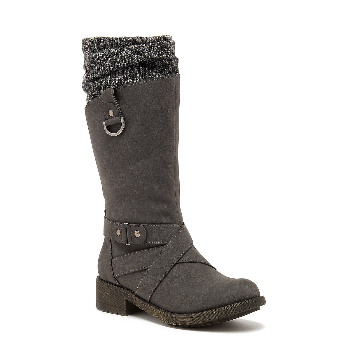 Telsa Charcoal Strap Boot, three-quarter view showing the knit collar, metal ring detail and crossed straps
