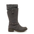 Telsa Charcoal Strap Boot, side view showing the marled knit collar, metal ring detail and layered ankle straps