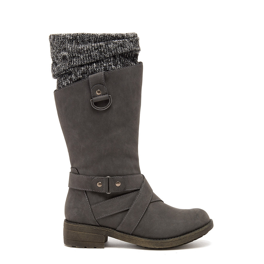 Telsa Charcoal Strap Boot, side view showing the marled knit collar, metal ring detail and layered ankle straps