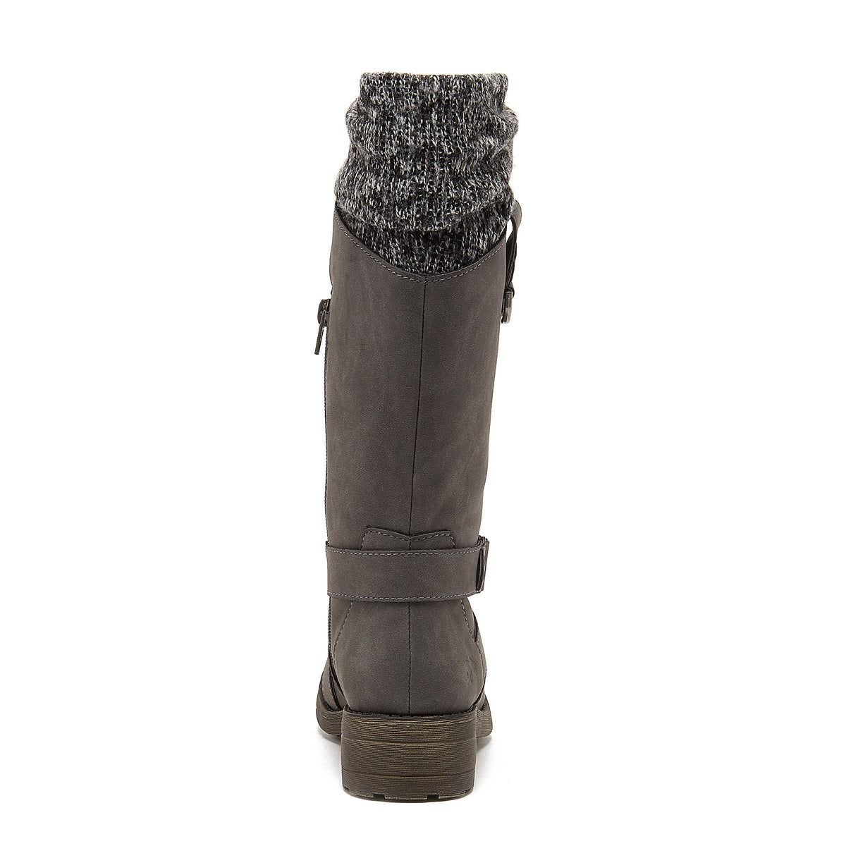 Telsa Charcoal Strap Boot, rear view showing the tall charcoal shaft, knit collar and ankle strap