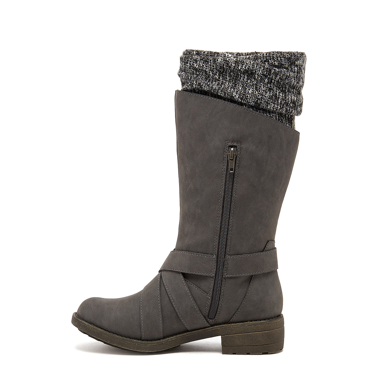 Telsa Charcoal Strap Boot, side view showing the side zip, layered straps and low block heel
