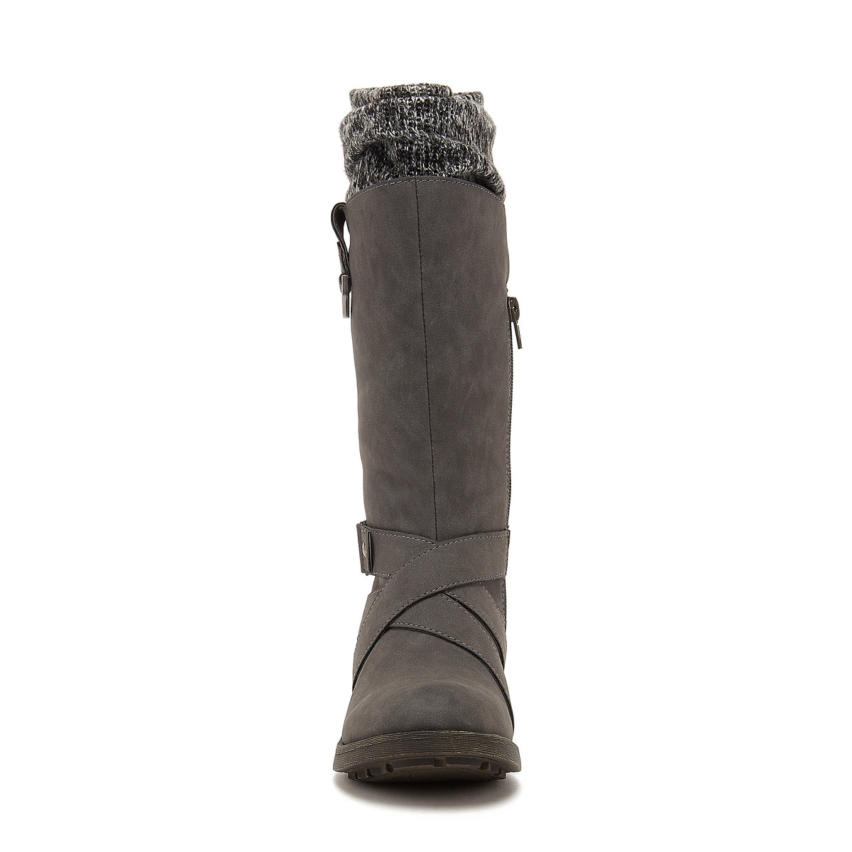 Telsa Charcoal Strap Boot, front view showing the marled knit collar and crossed ankle straps