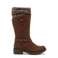 Side view of the Rocket Dog Telsa brown strap boot, faux fur cuff and strap detail
