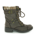 Side view of the Rocket Dog Thunder brown lace-up biker boot, knit collar and buckle strap