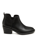 Side view of the Rocket Dog York black ankle boot, V-cut collar and stacked heel